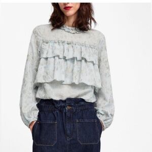 Zara Embroidered Ruffle Blouse XS Romantic Floral High Neck Boho Top